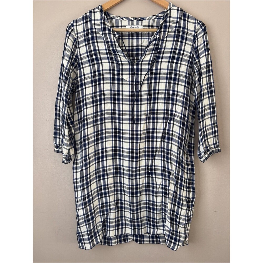 Madewell Women’s Plaid Flannel Shirt Dress Black Blue White Size XS Long Sleeve